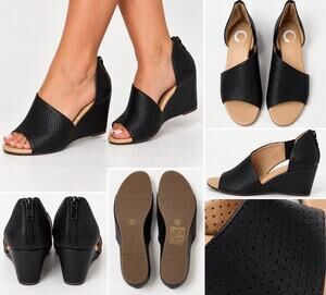 Black Perforated Wedge Sandals Size 8 Open Toe Back Zip Cutout Shoes